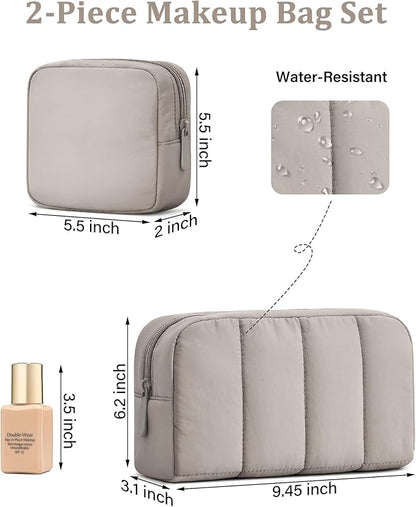 oscaurt 2 Pcs Makeup Bag Travel Toiletry Bag for Women Puffy Padded Cosmetic Pouch Purse Wide-open Makeup Organizer Case Travel Essentials