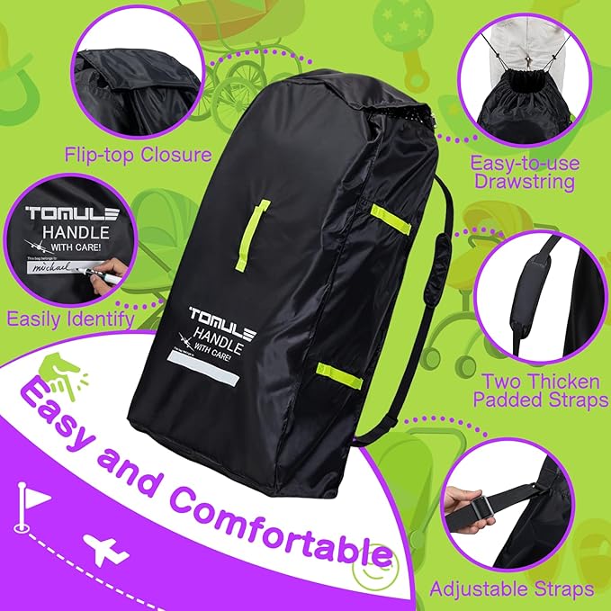 TOMULE Gate Check Stroller Bag for Airplane Travel,Waterproof Stroller Cover for Airplane Travel XL,Double Stroller Travel Bag for Airplane Padded(fits All Stroller, Black)