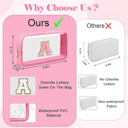 Personalized Initial Letter Clear Makeup Bag,Preppy Small Nylon&PVC Cosmetic Zipper Bag with Chenille Letter,Portable Beach Travel Skincare Toiletry Bag,Trendy Monogram Gift for Teen Girls Women,D