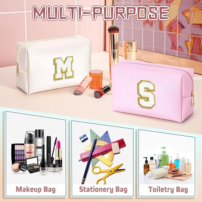 TOPEAST Preppy Patch Makeup Bag, Chenille Letter Pouch Cosmetic Bag, PU Leather Waterproof Toiletry Bag, Personalized Birthday Gift for Women Girl, Cute Stuff for Girls (White B)