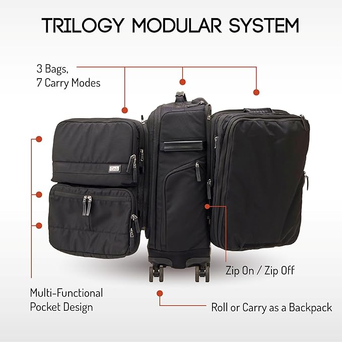 Trilogy Modular System I Modular 4-wheel spinner carry-on, with two zip-off bags! All 3 are Expandable! You get 3 bags in 1! Mix and match; take apart to fit crowded airplane spaces (Black)