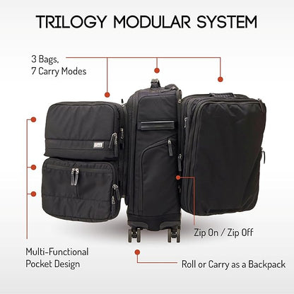 Trilogy Modular System I Modular 4-wheel spinner carry-on, with two zip-off bags! All 3 are Expandable! You get 3 bags in 1! Mix and match; take apart to fit crowded airplane spaces (Black)