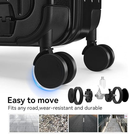 SOKOK Front Pocket Luggage with Spinner Wheels, 24'' Wide Handle Travel Suitcase PC Hardshell Multifunctional Luggage with Charging Port and Cup Holder, Black