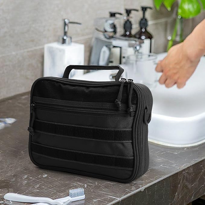 Tactical Toiletry Bag for Men Women, Travel Hanging Toiletry Bags, Toiletries Organizer Dopp Kit, Travel Cosmetic Bag,Shaving Hygiene Bag, Bathroom Essentials Men's Toiletry Bag for Camping - Black