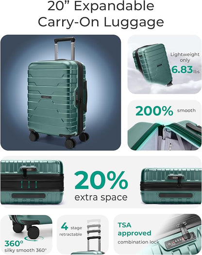 BAGSMART Carry On Luggage 22x14x9 Airline Approved with Spinner Wheels,Lightweight 20 Inch Luggage with TSA Lock,Expandable Hard Shell Carry On Suitcases for Men Women,Pine Green