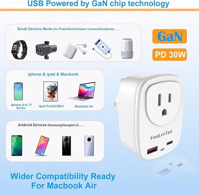 Type G-UK Plug Adapter, VooLerTun Dubai England Travel Adapter with 30W Fast Charge Power Adapter Dual Ports Cell Phone Camera, 1 American Outlet Adapter, US Converter for UK Travel,UK Power Adapter.