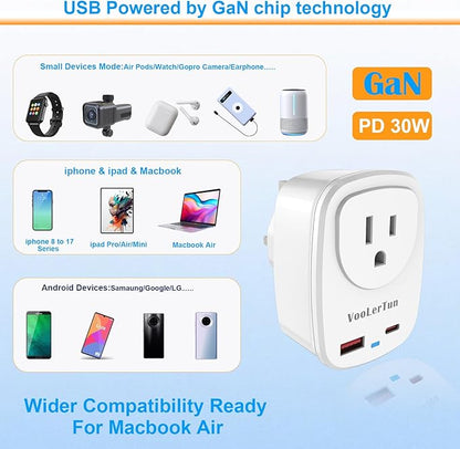Type G-UK Plug Adapter, VooLerTun Dubai England Travel Adapter with 30W Fast Charge Power Adapter Dual Ports Cell Phone Camera, 1 American Outlet Adapter, US Converter for UK Travel,UK Power Adapter.
