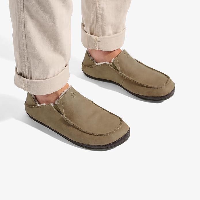 OLUKAI Moloa Slipper, Men's Premium Leather Slip-On Shoes, Soft Genuine Shearling Lining & Gel Insert, Drop-In Heel & All-Day Comfort