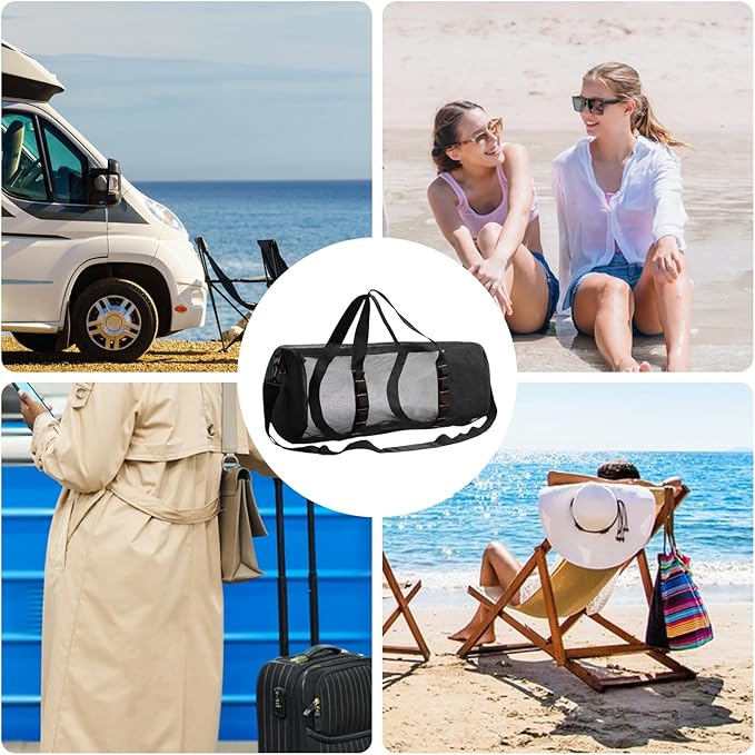 Mesh Gym Bag -Mesh Duffle Bags, Multifunctional Cylindrical Bag With Adjustable Strap, Portable Snorkeling Equipment Carry | Large Capacity Gym Bags, Snorkel Gear With Inside Hook For Travel