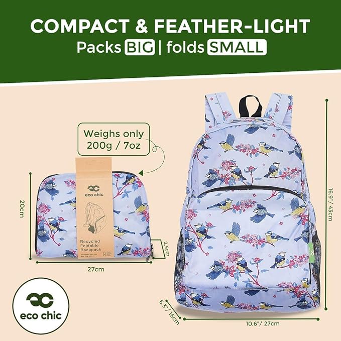 ECO CHIC Hiking Lightweight Packable Backpack - Foldable Daypack for Travel & Hiking & Outdoor Adventures - Waterproof Backpack from Recycled Materials (Blue Tits Lilac)