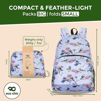 ECO CHIC Hiking Lightweight Packable Backpack - Foldable Daypack for Travel & Hiking & Outdoor Adventures - Waterproof Backpack from Recycled Materials (Blue Tits Lilac)