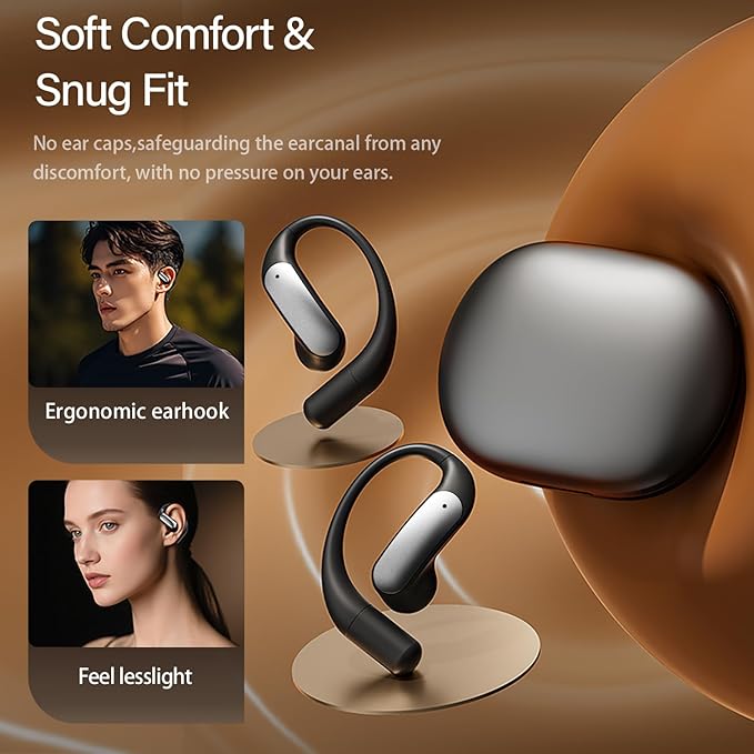 Wentronic Open Ear Headphones, Wireless Earbuds Bluetooth 5.4 with Digital Display, Secure Earhook, 48H Playtime, Enhanced Sound, Clear Calls, IP55 Waterproof Ultra-Light Sports Headphones - Grey