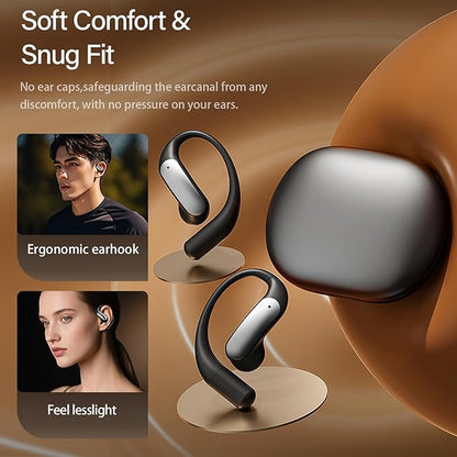 Wentronic Open Ear Headphones, Wireless Earbuds Bluetooth 5.4 with Digital Display, Secure Earhook, 48H Playtime, Enhanced Sound, Clear Calls, IP55 Waterproof Ultra-Light Sports Headphones - Grey