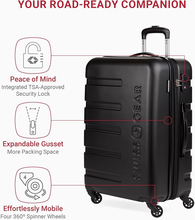 SwissGear 7366 Signature Hardside Expandable Luggage with Spinner Wheels, TSA Lock, Black, Checked-Medium 23-Inch