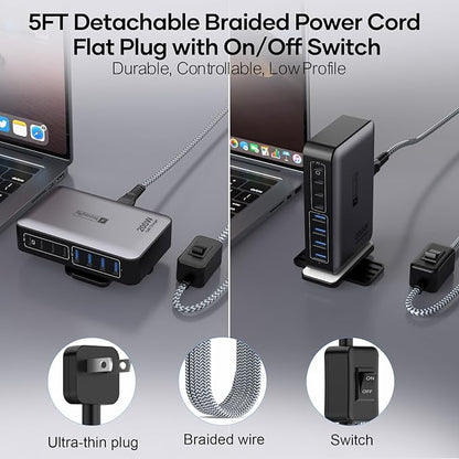 USB C Fast Charger Block 200W, 8 Ports Charging Station for iPhone/Ipad/MacBook, 4C4A GaN Charger Box, Flat Plug Multi Chargers for All Devices 5ft Braided Power Cord with On/Off Switch