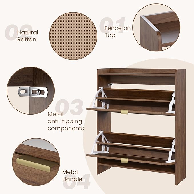 EROMMY Shoe Storage Cabinet, Farmhouse Ratten Shoe Cabinet, Modern Freestanding Organizer with 2 Flip Drawers, Hallway, Narrow Shoe Rack Cabinet for Entryway, Slim Shoe Cabinet, Walnut