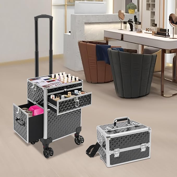 Beauty Luggage Rolling Lockable Makeup Train Case Stylist Cosmetic Luggage Travel Organizer with Hair Dryer Holder & Compartment