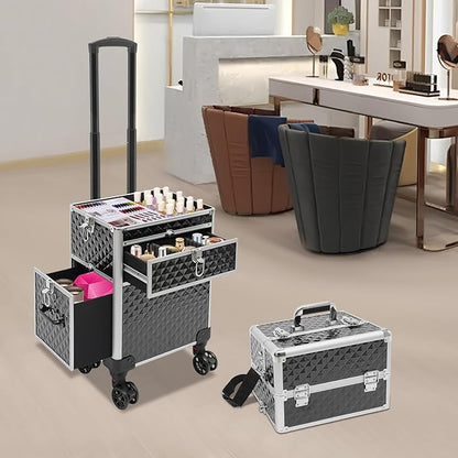 Beauty Luggage Rolling Lockable Makeup Train Case Stylist Cosmetic Luggage Travel Organizer with Hair Dryer Holder & Compartment