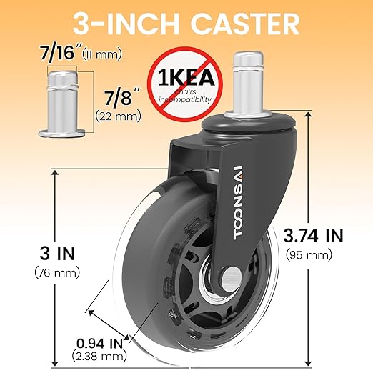 3 Inch Office Desk Chair Wheels Replacement, Computer Gaming Casters for Carpet, Stem 7/16-7/8 Set of 5 for Furniture Hardwood Hard Floors Chair Castors Tile Smooth Safe Quiet Rolling 660 LB, (-Black)