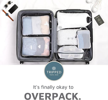 Large Packing Cube Set with See Through Mesh- Compression Packing Cubes Travel Organizers by TRIPPED Travel Gear (White)