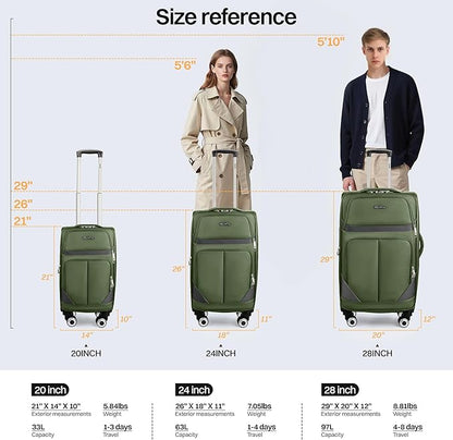 3-Piece Softside Expandable Luggage Set with Front Open Pocket,Lightweight Durable Suitcase Sets Double Spinner Wheels & w/LOCK（Green-Grey,20in/24in/28in）