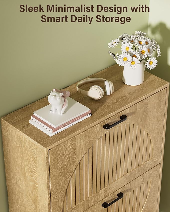 Rattan Shoe Cabinet with 3 Flip Drawers, Large Narrow Shoe Storage Organizer for Entryway, Rustic Oak Shoe Rack with Metal Legs, Black Handles, Slim Freestanding Flip Drawer Shoe Cabinet (Oak Rattan)