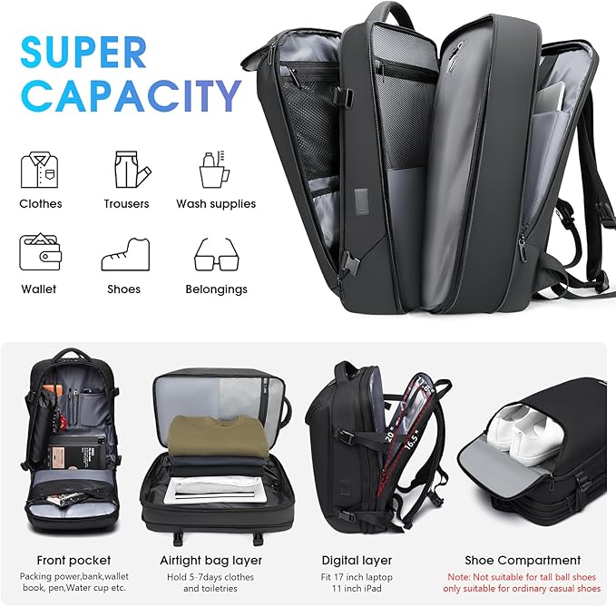 Vacuum Backpack for Men, 50L Expandable Travel Backpack With Vacuum Seal System, Water Resistant 17.3 Inches Laptop Backpack with USB Charging Port-Not Vaccum Pump Included