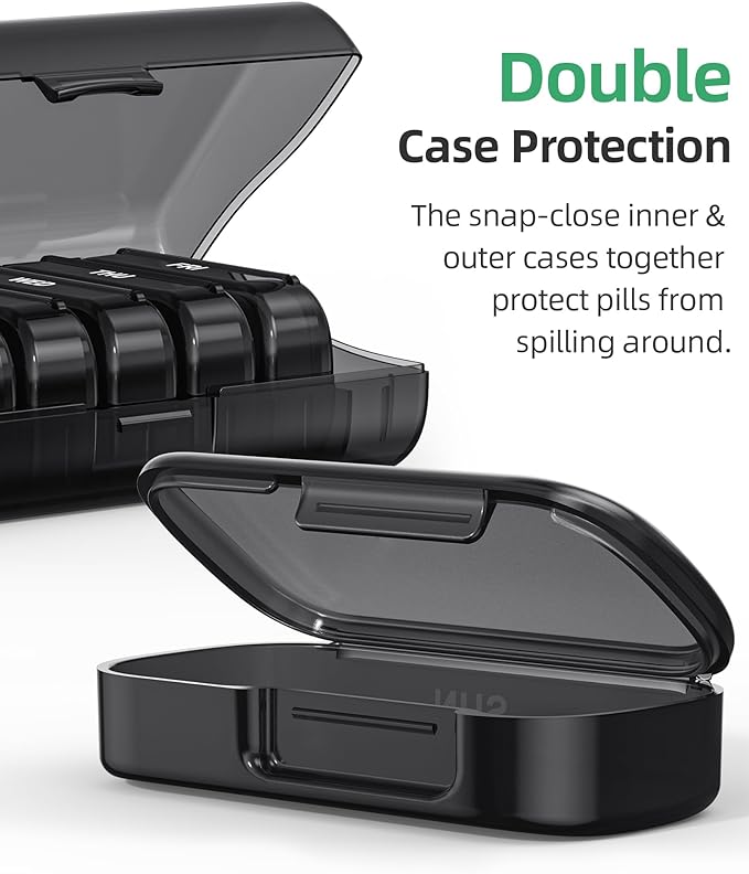PULIV Weekly Pill Organizer with Large Capacity, Dual Protection Pill Box 7 Day, Arthritis Friendly Pill Case Easy to Open, Medicine Organizer for Vitamins, Medications, Fish Oils, Supplements (Black)