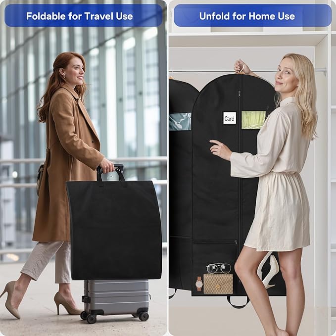 2 Pack Heavy Duty Garment Bags for Travel Suit Bags, Dress Bags, Garment Bags for Hanging Clothes with Pockets Men's Suit Holder for Cospaly, Shirts, Coats, Dresses (Black, 2Pack 54")