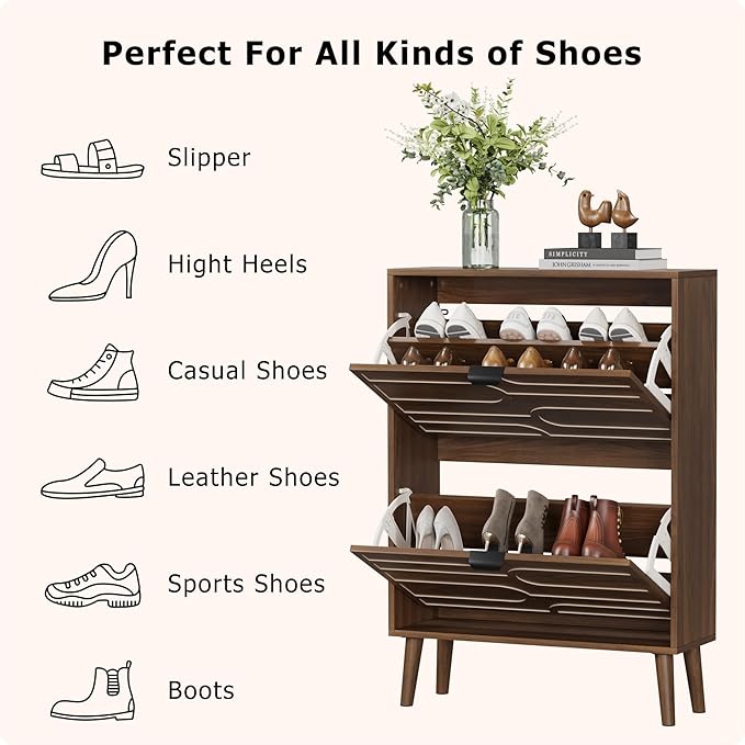 Spaco Walnut Shoe Storage Cabinet with 2 Flip Drawers for Entryway,Narrow Shoe Rack Organizer Cabinet with Doors for Hallway,Entrance