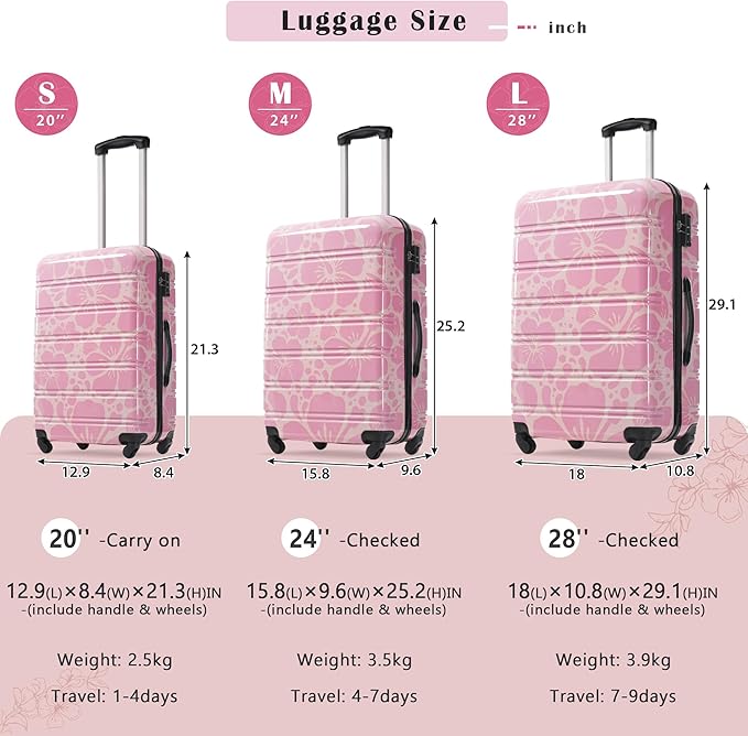 Luggage Sets 3 Piece Durable Suitcase Set with Spinner Wheels, 3 Pcs Hardside Lightweight luggage with TSA Lock, Large Checked Travel Suitcases