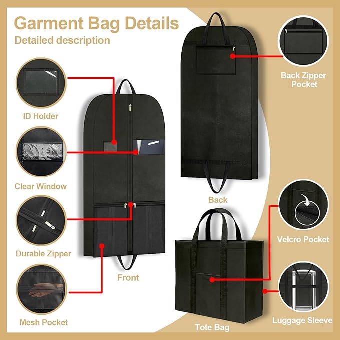 CYD Dress Storage Bags with Shoe Pockets and Scent Card, 54" Garment Bags for Hanging Clothes, Breathable Covers for Women’s Dresses, Coats and Occasionwear, Durable and Dustproof, Black, 2 Pack