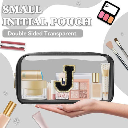 Small Clear Personalized Initial Makeup Bag,Nylon Preppy A-Z Chenille Letter Patch Cosmetic Pouch Beach Toiletry Bag,Waterproof Zipper Travel Purse Storage Bag Organizer for Women Girls(Black-Black J)