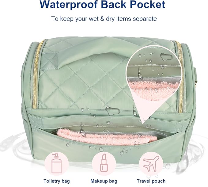 Travel Toiletry Bag Large Cosmetic Makeup Bag Organizer for Women,Wide-open Make Up Bag Waterproof Makeup Case Travel Bag with Handle and Dividers for Toiletries,Essentials,Accessories,Green