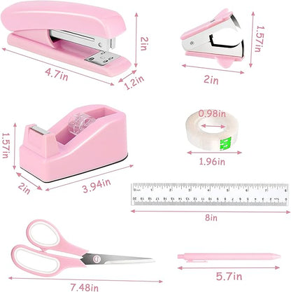 Pink Desk Accessories, Pink Office Supplies Accessories with Tape Dispenser, Stapler, Staple Remover, 1000 Staples, Tape, Clips Set, Ruler, Scissor, Pen