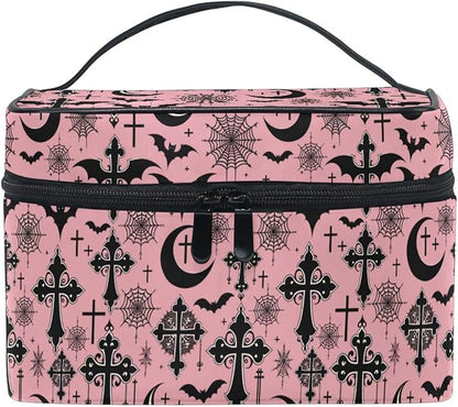 MNSRUU Makeup Bags, Black Gothic Moon Spider Webs and Bats Makeup Organizer Bags Toiletry Bag Box Travel Cosmetic Bag Make Up Train Case for Women Teen Girl Ladies
