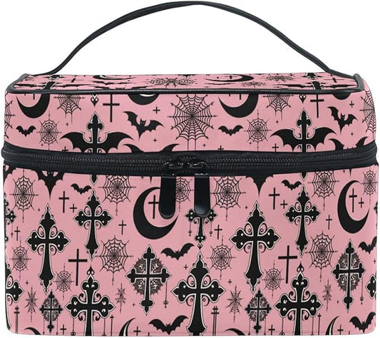 MNSRUU Makeup Bags, Black Gothic Moon Spider Webs and Bats Makeup Organizer Bags Toiletry Bag Box Travel Cosmetic Bag Make Up Train Case for Women Teen Girl Ladies