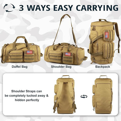 Tactical Gym Bag for Men，50L Large 3 in 1 Sports Duffle Bag with Shoes Compartment for Travel,Water Resistant Travel Backpack Weekender Overnight Bag with Wet Pocket for Women