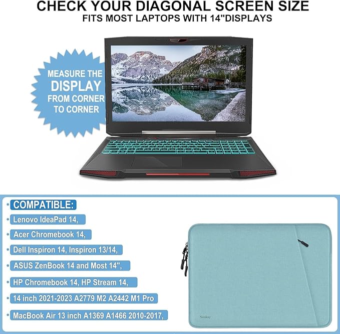 Laptop Sleeve 14 inch, Shockproof Protective Computer Cover with Accessories Pocket, Portable Laptop Case Compatible for 14 inch MacBook Air/Pro, Dell, HP, Acer, Asus, Lenovo, Light Blue