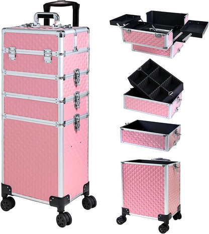Professional Rolling Makeup Case, Cosmetology Case on Wheels 4 in 1 Large Cosmetic Train Case, Ideal Gift for Hairstylist, Nail Techs, Portable Beauty Organizer for Travel or Salon Use,pink