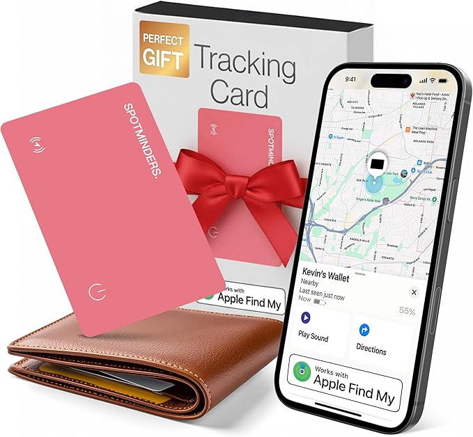 SPOTMINDERS Apple MFi Certified Wallet Tracker for Christmas Stocking Stuffers - Gifts for Women Works With Apple Find My IP68 Rechargeable Slim Tracking Card for iOS - White Elephant Gifts for Adults