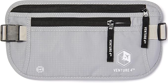 VENTURE 4TH Money Belt for Travel – Hidden Under-Clothes RFID Blocking Passport Holder & Slim Travel Wallet Pouch for Men & Women to Protect Cash, Cards & Documents (Silver)