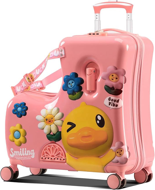 Kids Luggage, Lightweight Ride on Luggage with Spinner Wheels & Foldable Design (20-Inch+ Aged 1-3 Toddler, Pink Flower),Birthday Gift