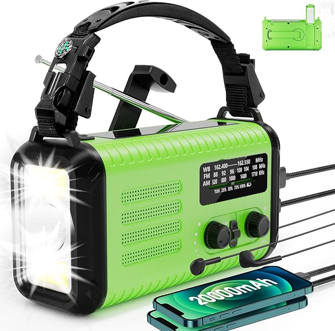 74000mWh Emergency NOAA Weather Radio, Hand Crank Radio with AM FM, Solar Power Battery Operated/USB-C Charging, LED Flashlight, Reading Lamp, SOS & Compass for Home/Outdoor/Camping