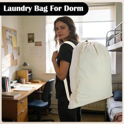 Canvas Laundry Bag with shoulder Strap 24" x 29", Large Drawstring Dirty Clothes Bag Washable Laundry Sack for College Dorm, Travel, Home, Camp (Beige)