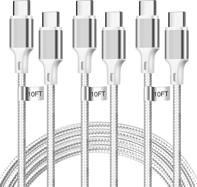 cugunu USB C to USB C Charger Cable, Nylon Braided 3Pack 60W 10FT Type C Fast Charging Cord Compatible for iPhone 15/16/17/Pro/Max/Plus, iPad, Air5, MacBook, Samsung, Google-Silver