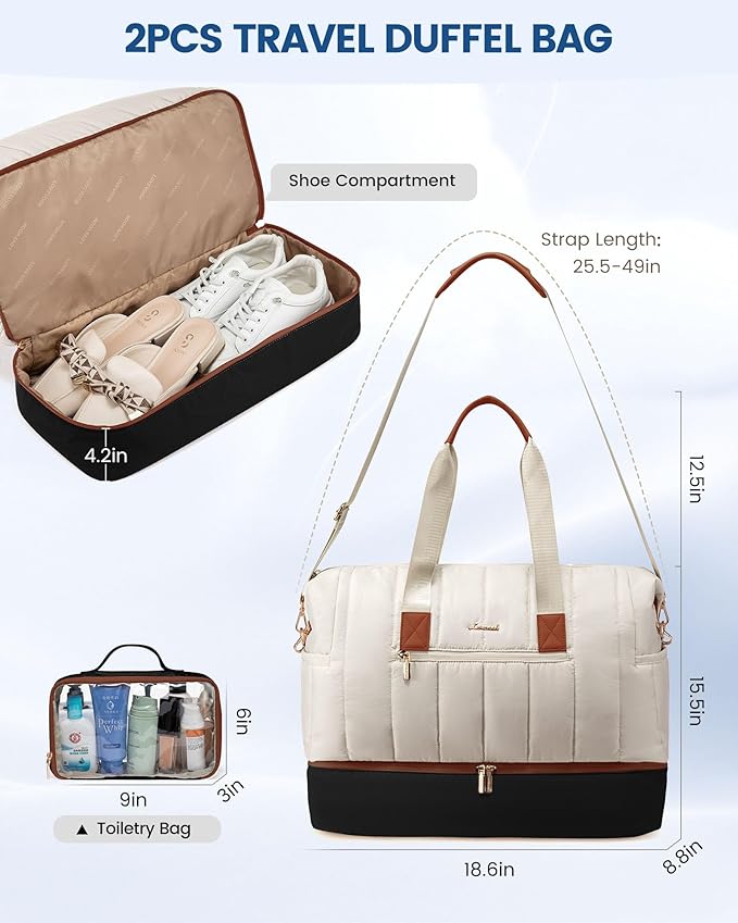 LOVEVOOK Travel Duffle Bag,Puffer Weekender Bags For Women with Shoe Compartment,42L Carry On Duffel Bags For Airplanes,Hospital Bag for Labor and Delivery,Overnight Bag,2Pcs Set