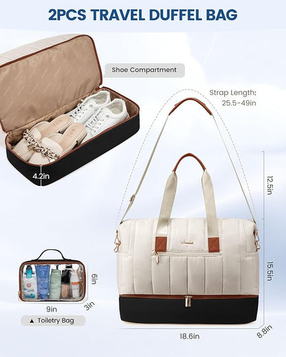 LOVEVOOK Travel Duffle Bag,Puffer Weekender Bags For Women with Shoe Compartment,42L Carry On Duffel Bags For Airplanes,Hospital Bag for Labor and Delivery,Overnight Bag,2Pcs Set