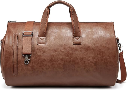 Leather Garment Bag，Convertible Garment Duffel Bag for Travel Mens Suit Bag 2 in 1 Waterproof Foldable Carry on Garment Bag with Shoulder Strap Weekender Bag with Shoe Pouch