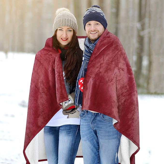 Catalonia Sherpa Wearable Blanket Poncho for Adult Women Men, Wrap Blanket Cape with Pocket, Warm, Soft, Cozy, Snuggly, Comfort Gift, No Sleeves, Wine